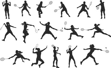 Female badminton players silhouettes, Badminton silhouettes, Badminton players svg, Badminton player clipart, Girl badminton silhouettes. - obrazy, fototapety, plakaty