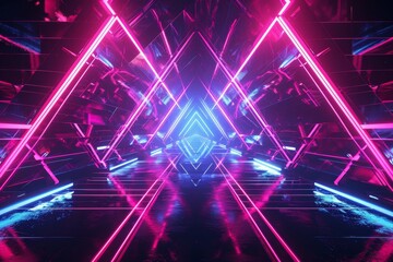  abstract background with neon triangle at the end of the virtual geometric tunnel
