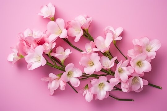  a bunch of pink flowers sitting on top of a pink table next to a white and black dogwood branch on a pink background, top view from above, with space for text.