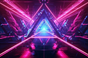  abstract background with neon triangle at the end of the virtual geometric tunnel - obrazy, fototapety, plakaty