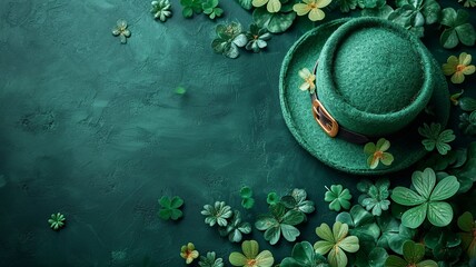 Green Felt Hat with Clover Leaves on Dark Textured Background - Saint Patrick's Day - obrazy, fototapety, plakaty