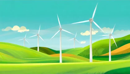 Photo sur Plexiglas Vert-citron Lovely green landscape with wind turbines on a bright sunny day