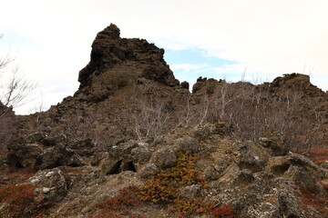 Dimmuborgir is a large area of unusually shaped lava fields east of Mývatn in Iceland