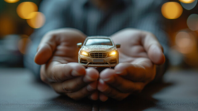man holding a model car. car rental concept, car insurance, car sales