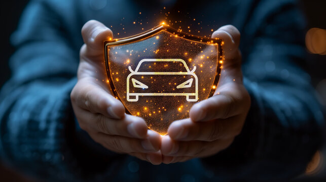 A man holds a shield in his hands, the shield depicts a car. concept auto insurance, safety, rental car
