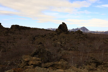 Dimmuborgir is a large area of unusually shaped lava fields east of Mývatn in Iceland
