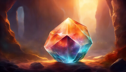 Magic crystal. Glowing colored crystal. Glittering mystical stone. Crystal in a mysterious cave. AI generated