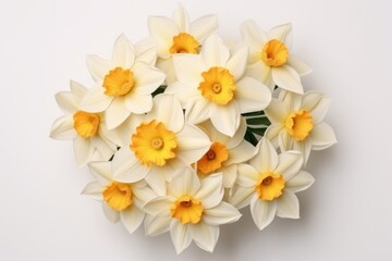  a bouquet of white and yellow daffodils on a white background, top view, flat layed on a white surface, with copy space for text.