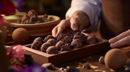 Bittersweet chocolate being hand-crafted into artisanal truffles, showcasing the artistry and craftsmanship in