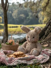 A beloved teddy bear cozily sits under a tree, surrounded by the warm hues of autumn leaves, enjoying a basket of freshly baked cookies in the great outdoors
