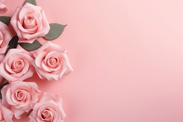  a bunch of pink roses with green leaves on a pink background with a place for a text or a picture of a bunch of pink roses with green leaves on a pink background.