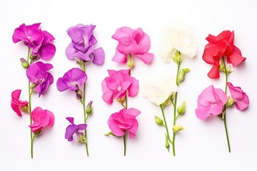  a group of different colored flowers on a white surface with one flower in the middle of the picture and one flower in the middle of the picture on the side of the picture.