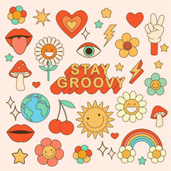 Groovy hippie 70s set. Funny cartoon flower, rainbow, peace, Love, heart, daisy, mushroom etc. Sticker pack in trendy retro psychedelic cartoon style. Isolated vector illustration. Flower power.