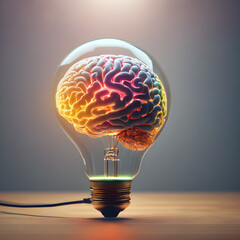  Virtual brain in light bulb education concept.creative thinking idea innovation strategy. AI generated image