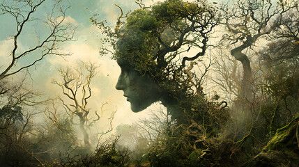 Merging with Nature, Artistic Double Exposure Portrait, Creative Blend of Young Woman and Trees