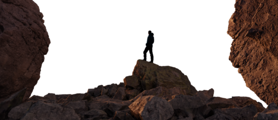 Adventure Man Hiker standing on top of Mountain Peak. PNG Cutout. 3d Rendering