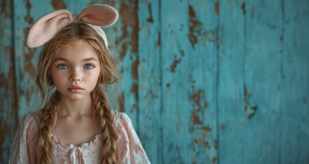 Girl in rustic style with bunny ears has easter eggs on illusory background or wallpaper with space for text. Happy Easter. Holiday celebration and preparation.