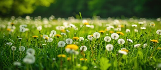 Beautiful green field with white and yellow dandelion flowers in summer landscape view. Generate AI