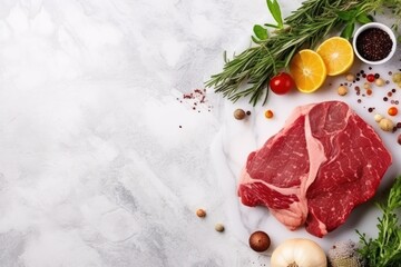  a piece of meat sitting on top of a white counter next to vegetables and other foods on top of a white counter top next to an orange slice of meat.