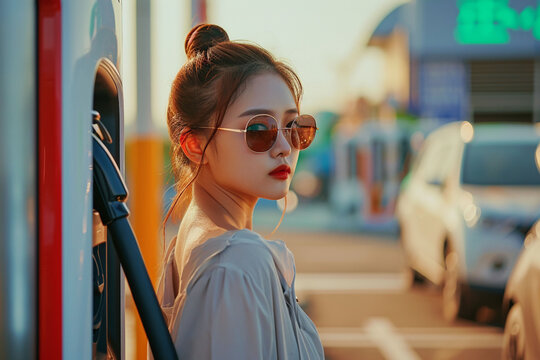 portrait of a young beautiful girl in sunglasses at the gas station
