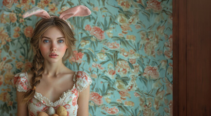Girl in rustic style with bunny ears has easter eggs on illusory background or wallpaper with space for text. Happy Easter. Holiday celebration and preparation.