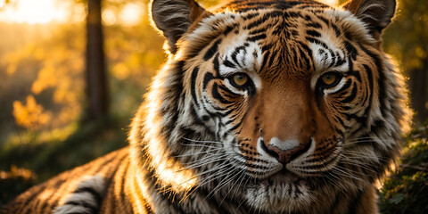 Naklejka premium Emerald fire in the Siberian dusk: A tiger's piercing gaze ignites awe in this capture. Golden sunlight paints its regal form, commanding respect and admiration.