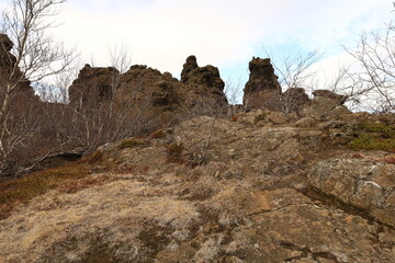 Dimmuborgir is a large area of unusually shaped lava fields east of Mývatn in Iceland