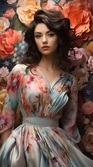 Japanese model in a flowing floral dress, surrounded by a dreamy pastel-colored background