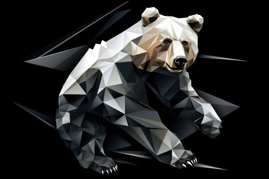  a black and white picture of a bear in low poly polygonic style, with a black background and a white bear in the middle of it's left corner.