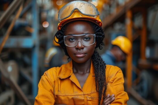 A confident woman sporting a vibrant hard hat and goggles stands out in the bustling city street, showcasing her unique fashion sense and fearless attitude