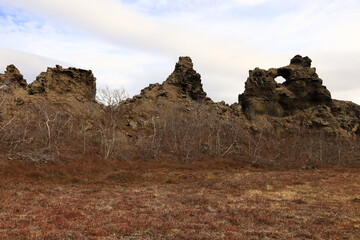 Dimmuborgir is a large area of unusually shaped lava fields east of Mývatn in Iceland