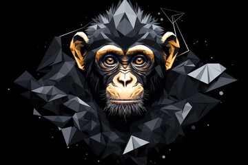  a monkey's head is shown in a low polygonic style, with a black background and a triangle - shaped triangle in the middle of the upper corner.