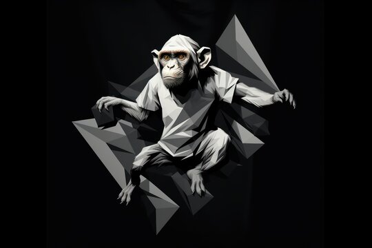  a black and white photo of a monkey with sunglasses on it's head and a t - shirt on it's chest, with triangles in the background.