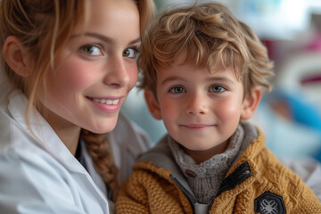 Doctor with a child in hospital. Paediatric medicine image