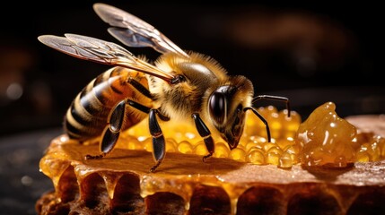 close up bee and honey. fresh bee honey is good for health - obrazy, fototapety, plakaty