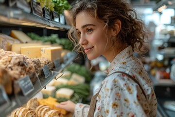 A fashionable lady admires the tempting pastries in the outdoor marketplace while shopping for fresh snacks at the bakery in the bustling market store - obrazy, fototapety, plakaty