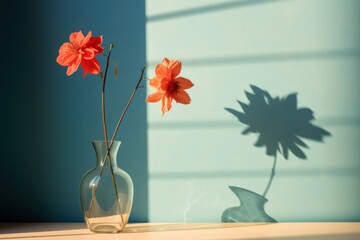  a glass vase with a flower in it sitting on a table next to a shadow of a sunflower on a blue wall behind a glass vase with a shadow.