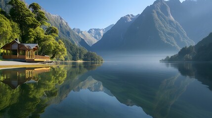 Fototapeta premium lake in the mountains, lakeside retreat surrounded by towering mountains and reflected in crystal-clear waters, offering a peaceful escape