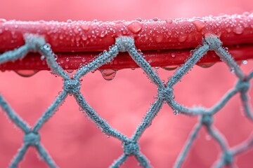 A cold, winter fence stands tall and strong, its red mesh intertwined with wire and chainlink, a barrier between the outdoors and the building beyond