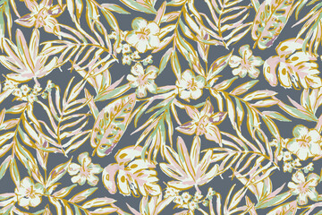 Modern exotic floral jungle pattern. Collage contemporary seamless pattern. Hand drawn cartoon style pattern. Boho foliage botanical tropical leaves