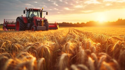 Fototapeta premium Front view of modern automated combine harvesting wheat ears on a bright summer day. Grain harvester in a vast golden wheat field. Blue cloudy sky with bright sun in the background.