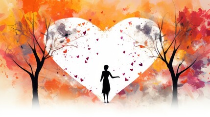  a painting of a person standing in front of a heart with trees in the foreground and a sky filled with red, orange, yellow, and pink leaves in the background.