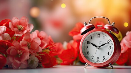 Red alarm clock and flowers on a table against a blurred background, creating a springtime scene with space for text.