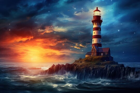  a painting of a lighthouse on a small island in the middle of a body of water with a sky full of clouds and a star filled with stars above it.