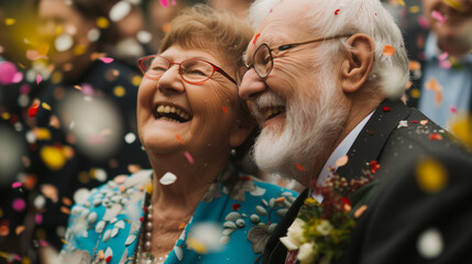 Candid senior couple renewing their vows on their wedding day. mature married couple celebrating with confetti. celebration of love. ai generated - obrazy, fototapety, plakaty