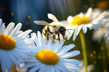  a bee sitting on top of a white flower next to a bunch of yellow and white daisies in front of a blurry background of yellow and white daisies. - obrazy, fototapety, plakaty
