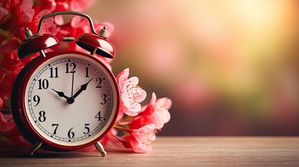Red alarm clock and flowers on a table against a blurred background, creating a springtime scene with space for text.