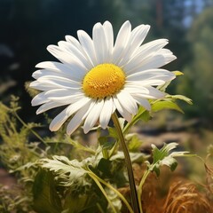  a white flower with a yellow center in the middle of a grassy area with trees in the back ground and a blue sky in the back ground in the background.