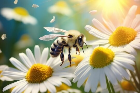  a bee sitting on top of a white flower next to a bunch of yellow and white flowers with butterflies flying in the air in the sky in front of the background.