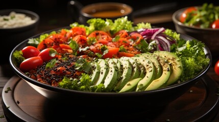  a salad with avocado, tomatoes, lettuce, lettuce and other vegetables in a bowl on a wooden table with bowls of rice and utensils.